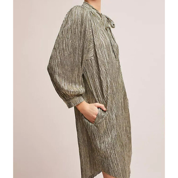 Anthropologie Sabina Musayev Tie Neck Shirt Dress Size XS Gold Metallic Shimmer - Picture 5 of 12
